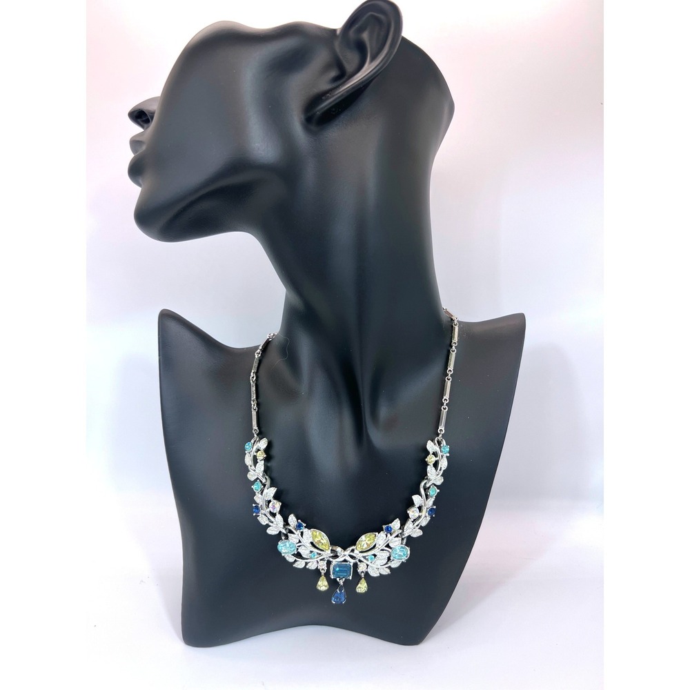 Vintage Coro Rhinestone Statement Necklace Blue Silver Hook Clasp Signed